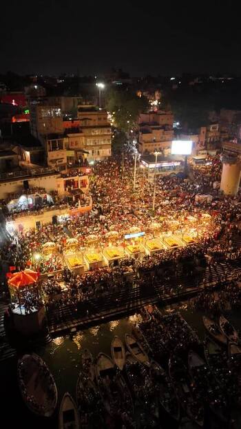 Aerial view of Dashashwamedh Ghat at night in Varanasi India. Aerial view of Dashashwamedh Ghat at night in Varanasi India.