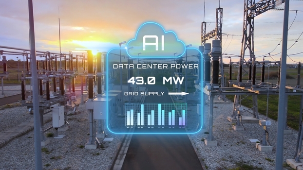 Aerial view of a power substation with a digital overlay displaying AI data center power consumption and grid supply metrics Aerial view of a power substation with a digital overlay displaying AI data center power consumption and grid supply metrics