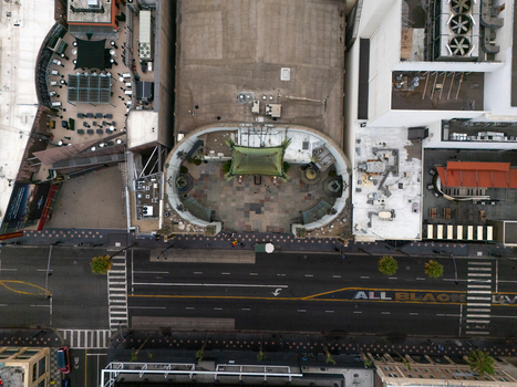 Los Angeles United States 25 September 2026 Aerial view of Hollywood Walk of Fame featuring the Chinese Theatre courtyard surrounded by urban streets and city infrastructure.
