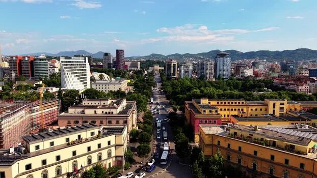 Aerial view of Tirane city center with buildings and streets Albania.