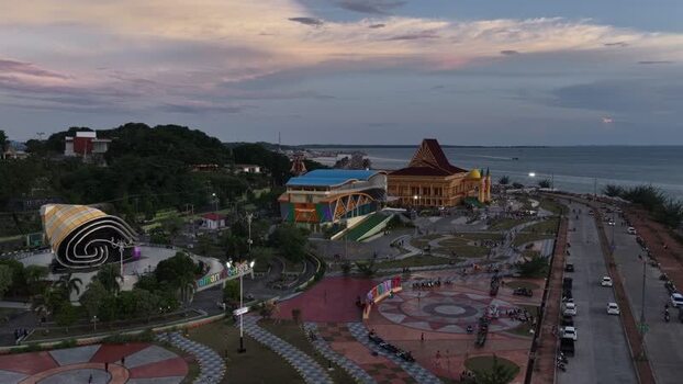 Aerial view of Tugu Daun Sirih Emas and waterfront Indonesia.