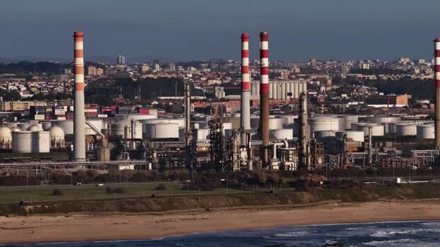 Aerial view of industrial plant with chimneys Portugal.