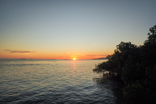 View of the sunset over the sea with mangroves along the coast at Piaynemo in Raja Ampat Southwest Papua Indonesia.