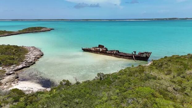 Aerial view of a shipwreck near Crab Cay The Bahamas.