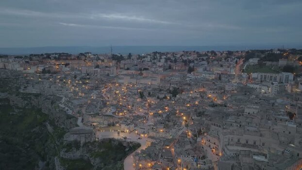 Aerial view of Sassi di Matera at twilight Italy.