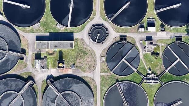 Aerial view of water treatment facility France.