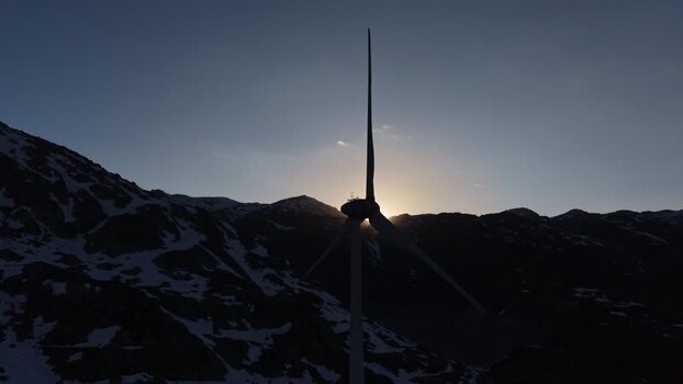 Aerial view of San Gottardo wind Park at sunset Switzerland.