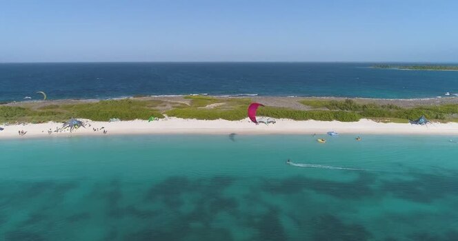 Aerial view of kitesurfers at Los Roques archipelago Venezuela.