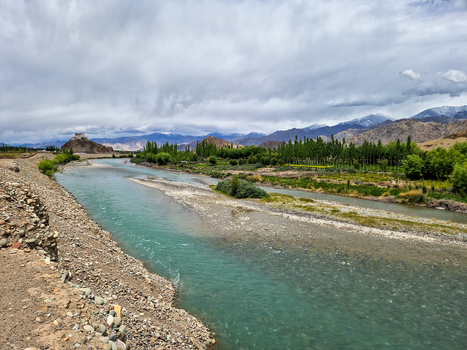 View of Stakna Monastery perched on a hill overlooking the Indus River with lush green trees rocky riverbanks and snow capped mountains under a cloudy sky in Stakna Ladakh India.