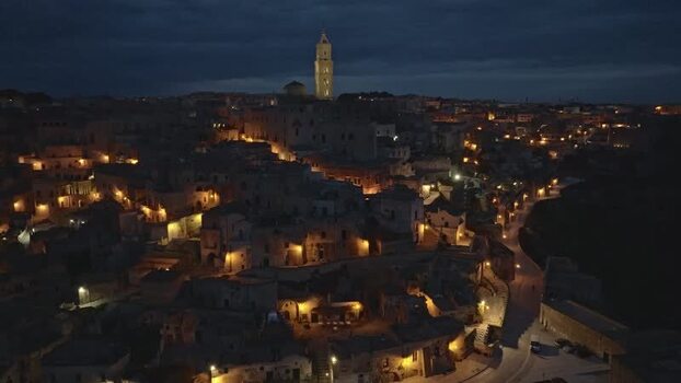 Aerial view of Sassi di Matera at night Italy.