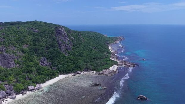 Aerial view of Anse Reunion coastline Seychelles.