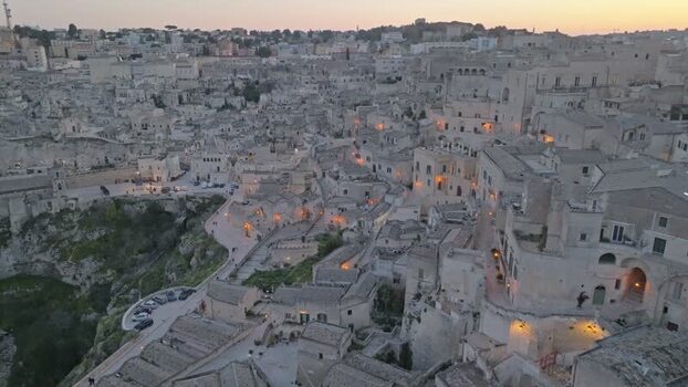 Aerial view of Sassi di Matera at sunset Italy.