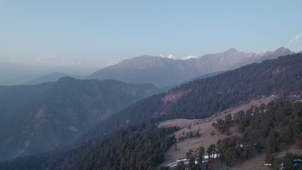 Aerial view of Chopta Tungnath mountains and forests India.