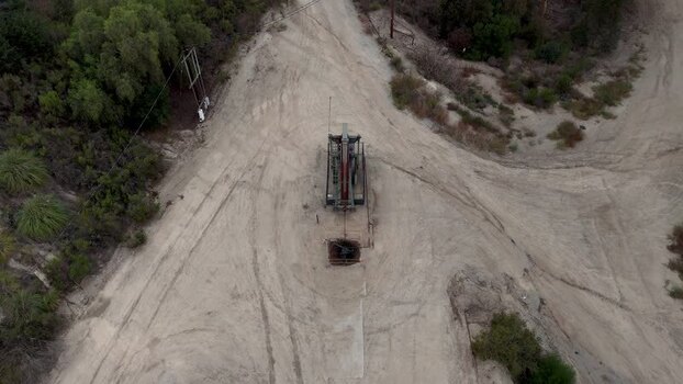 Aerial view of oil pump jack in Baldwin Hills United States.