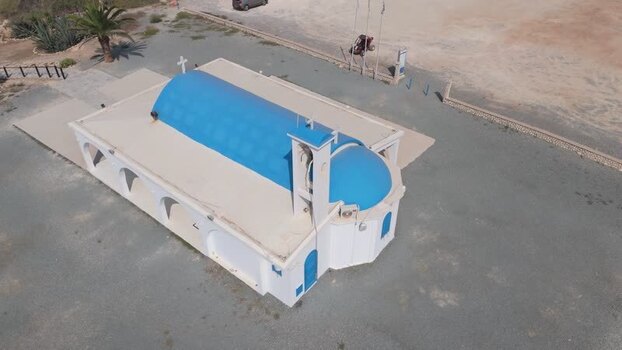 Aerial view of a blue roofed church in Famagusta Northern Cyprus.