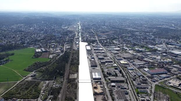 Aerial view of canal and industrial area France.