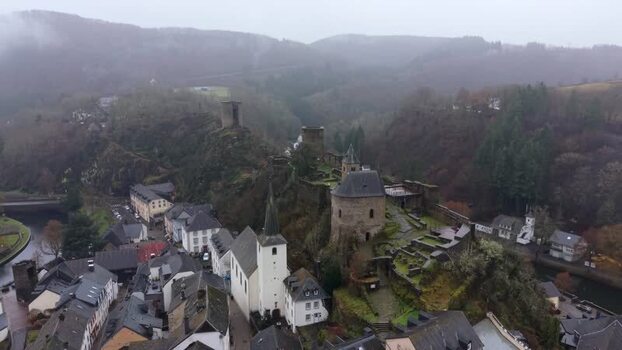 Aerial view of Esch sur Sure castle ruins in Luxembourg.