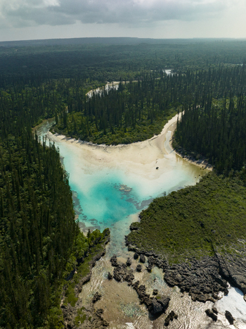 Aerial view of turquoise waters meet the shore framed by emerald forests under a hazy sky at Oro Natural Pool L Île des Pins New Caledonia. Aerial view of turquoise waters meet the shore framed by emerald forests under a hazy sky at Oro Natural Pool L Île des Pins New Caledonia.