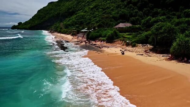 Aerial view of a tropical beach in Bali Indonesia.