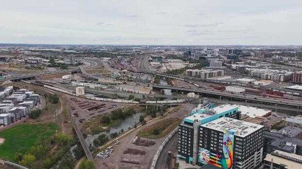 Aerial view of Denver rail yards and urban infrastructure United States.