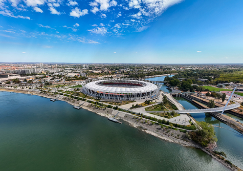 Budapest Hungary 31 August 2026 Aerial view of the National Athletics Center a modern track and field stadium on the Danube riverfront in Ferencvaros with a surrounding urban park and skyline. Budapest Hungary 31 August 2026 Aerial view of the National Athletics Center a modern track and field stadium on the Danube riverfront in Ferencvaros with a surrounding urban park and skyline.
