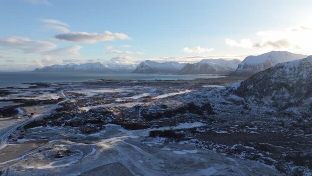 Aerial view of Lofoten mountains and coastline Norway.