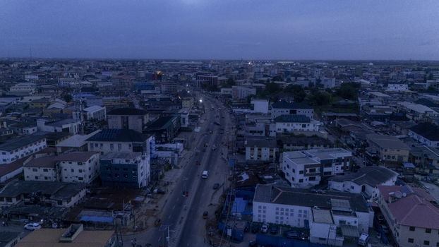 Aerial view of Allen Avenue and the surrounding urban landscape under a twilight sky in Ikeja Lagos Nigeria. Aerial view of Allen Avenue and the surrounding urban landscape under a twilight sky in Ikeja Lagos Nigeria.