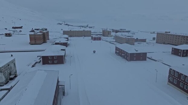 Aerial view of Pyramiden in the snow Svalbard and Jan Mayen.