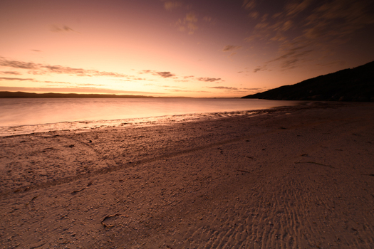 View of the serene Quaranup Beach at sunset with calm waters and soft golden light reflecting on the sand in Vancouver Peninsula Western Australia Australia. View of the serene Quaranup Beach at sunset with calm waters and soft golden light reflecting on the sand in Vancouver Peninsula Western Australia Australia.