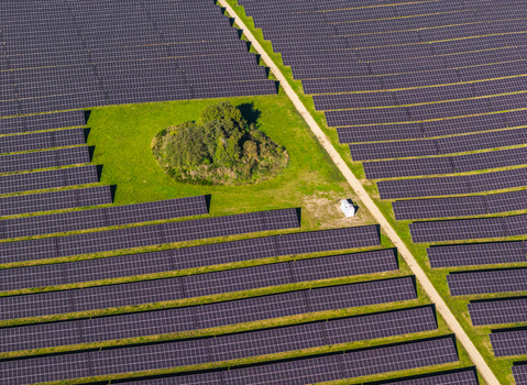 Aerial view of a large solar farm with rows of photovoltaic panels a small patch of green grass with a tree and a dirt path in Pomeranian Voivodeship Poland. Aerial view of a large solar farm with rows of photovoltaic panels a small patch of green grass with a tree and a dirt path in Pomeranian Voivodeship Poland.