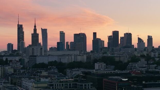 Aerial view of Warsaw skyline at sunset Poland.