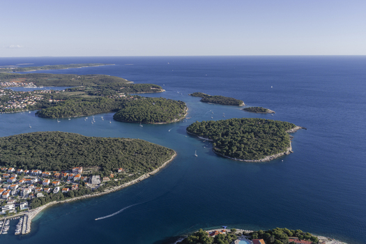 Aerial view of the coastal landscape of Pjescana Uvala featuring lush green islands dense pine forests and residential buildings in Pjescana Uvala Istarska zupanija Croatia.