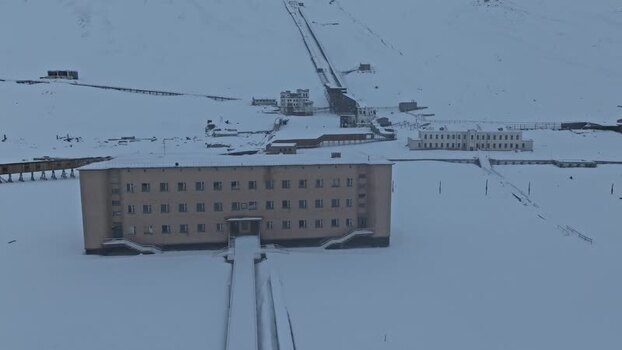 Aerial view of Pyramiden mining town in Svalbard and Jan Mayen.