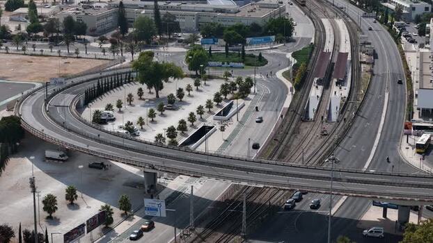 Aerial view of the roundabout and railway tracks in Alges Portugal.