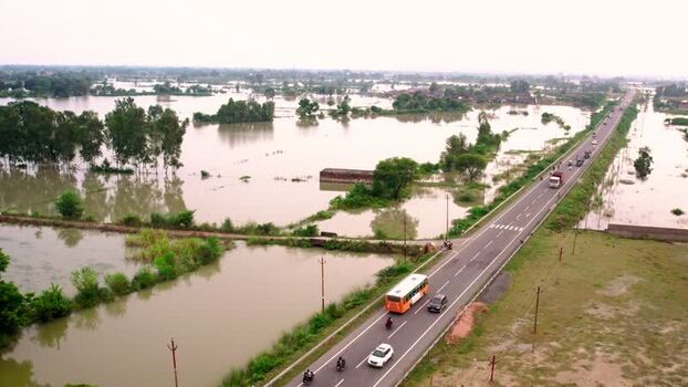 Aerial view of flooded highway in Lucknow India.