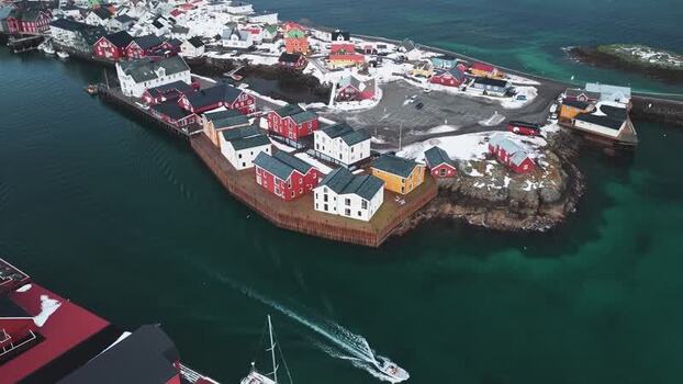 Aerial view of Henningsv&aelig;r Bryggehotell Norway.
