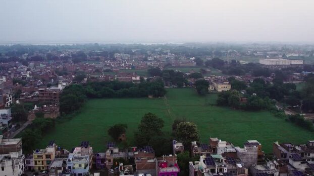 Aerial view of solar panels on rooftops in Lucknow India.