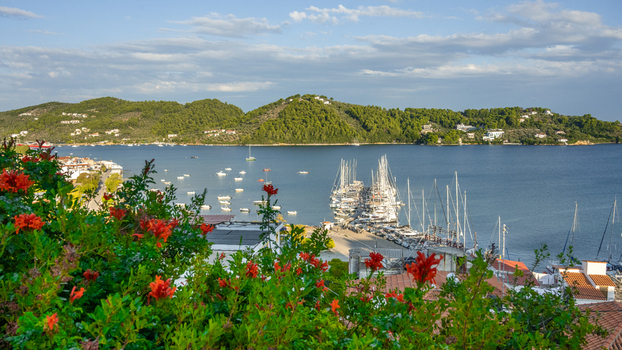 View of the harbor in Lefkada with sailboats and yachts moored at the pier surrounded by lush green hills and vibrant red flowers in the foreground Lefkada Greece.