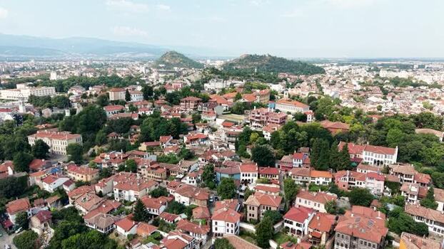Aerial view of the historic Old Town of Plovdiv Bulgaria.