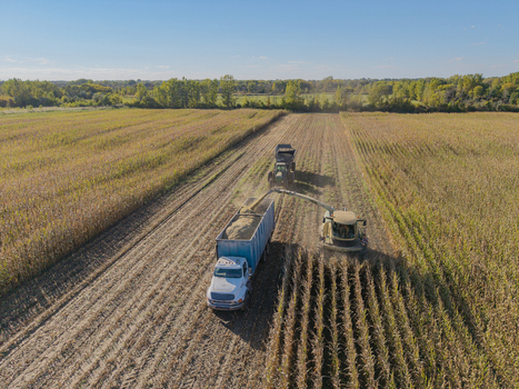 Green Bay Wisconsin United States 25 September 2026 Aerial view of a combine harvester chopping corn for silage into a truck trailer in a large agricultural field.