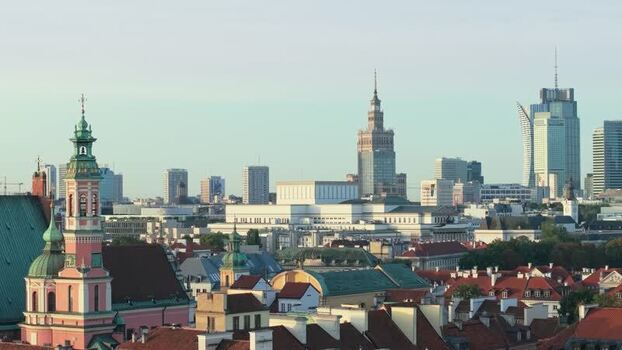 Aerial view of Warsaw skyline with historic and modern buildings Poland.