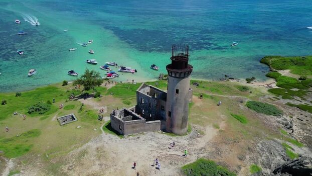 Aerial view of Ile aux Fouquets lighthouse ruins in Mauritius.