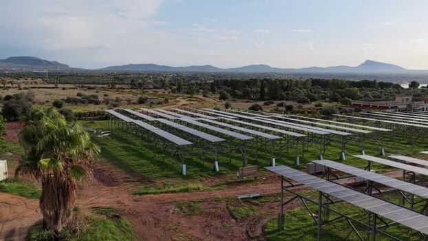 Aerial view of solar panels in Terrasini Italy.