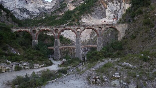 Aerial view of the historic stone bridge in Carrara Italy. Aerial view of the historic stone bridge in Carrara Italy.