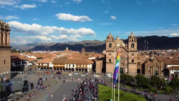 Aerial view of Cusco Cathedral and Plaza de Armas Peru.