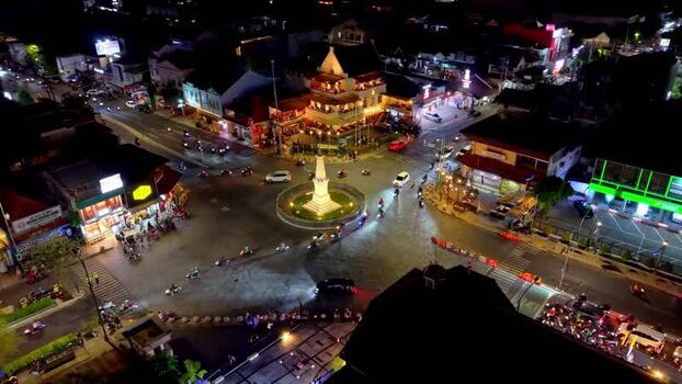 Aerial view of Tugu Yogyakarta Monument at night Indonesia. Aerial view of Tugu Yogyakarta Monument at night Indonesia.