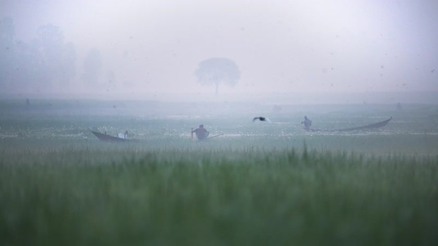 View of fishermen in boats on a misty river Bangladesh.