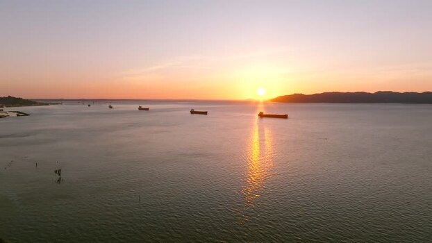 Aerial view of cargo ships on the Columbia River United States.