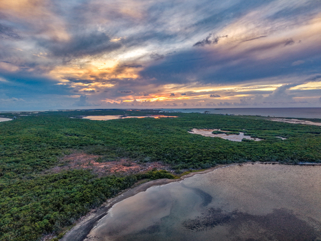 Aerial view of Salt Pond surrounded by dense green vegetation and coastal lagoons under a dramatic sunset sky in Exuma Exuma The Bahamas.