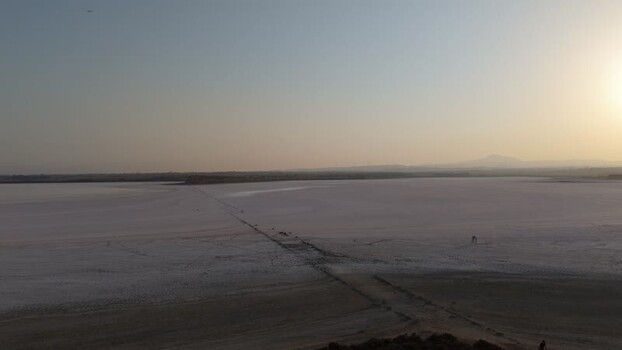 Aerial view of Larnaca Salt Lake at sunset Cyprus.